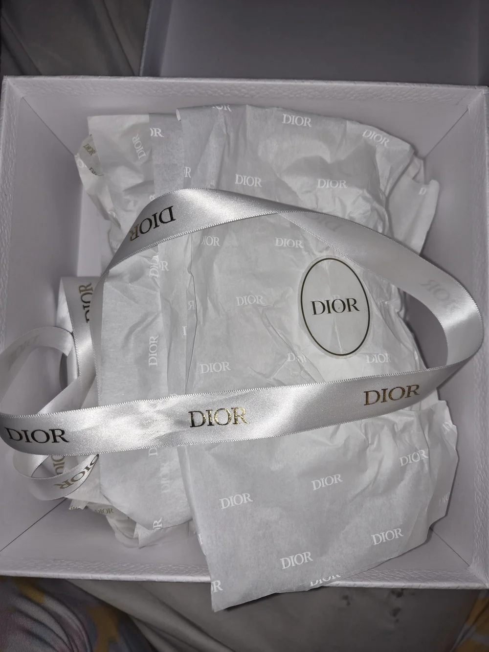 DIOR White Pebbled Gift Box 9 x 9 x 4 W Ribbon + Tissue